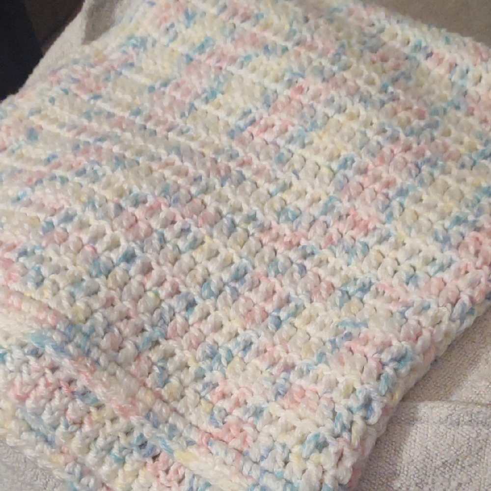 Pastel 46" X 46" Soft Crochet Baby Blanketyellow Pink‎ Blue And White